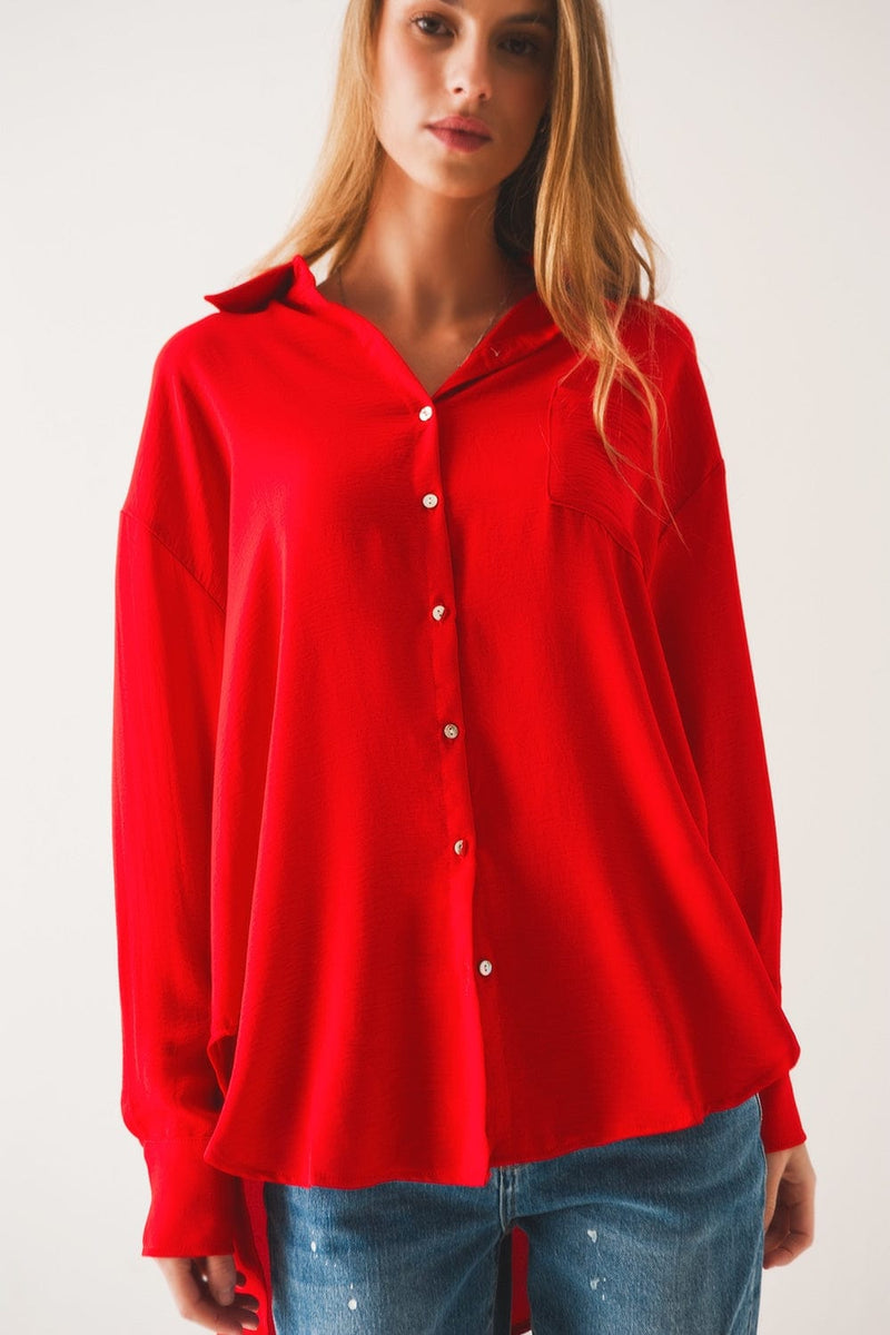Q2 Women's Blouse One Size / Red / China Pocket Detail Oversized Shirt in Red