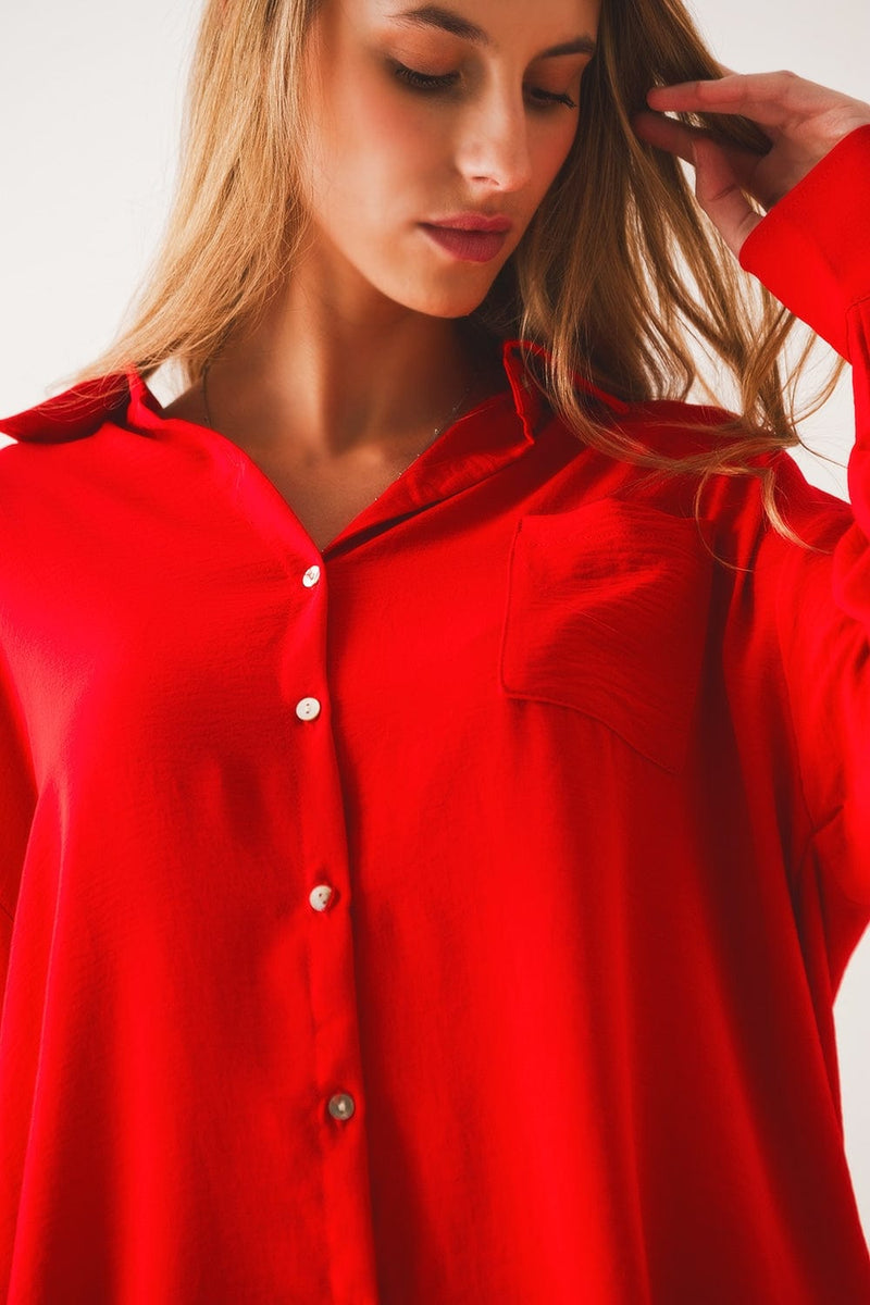Q2 Women's Blouse One Size / Red / China Pocket Detail Oversized Shirt in Red