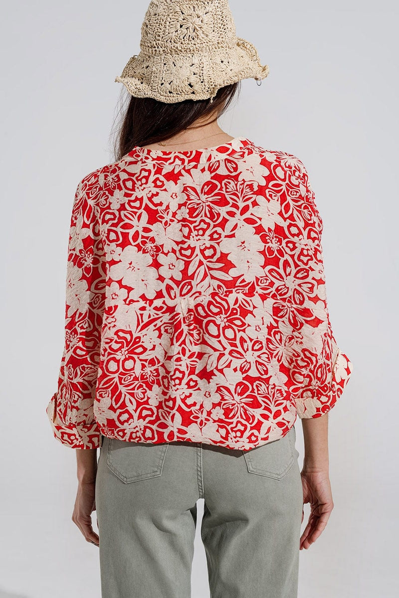 Q2 Women's Blouse One Size / Red Relaxed Red Floral Print Blouse With Bell Sleeves