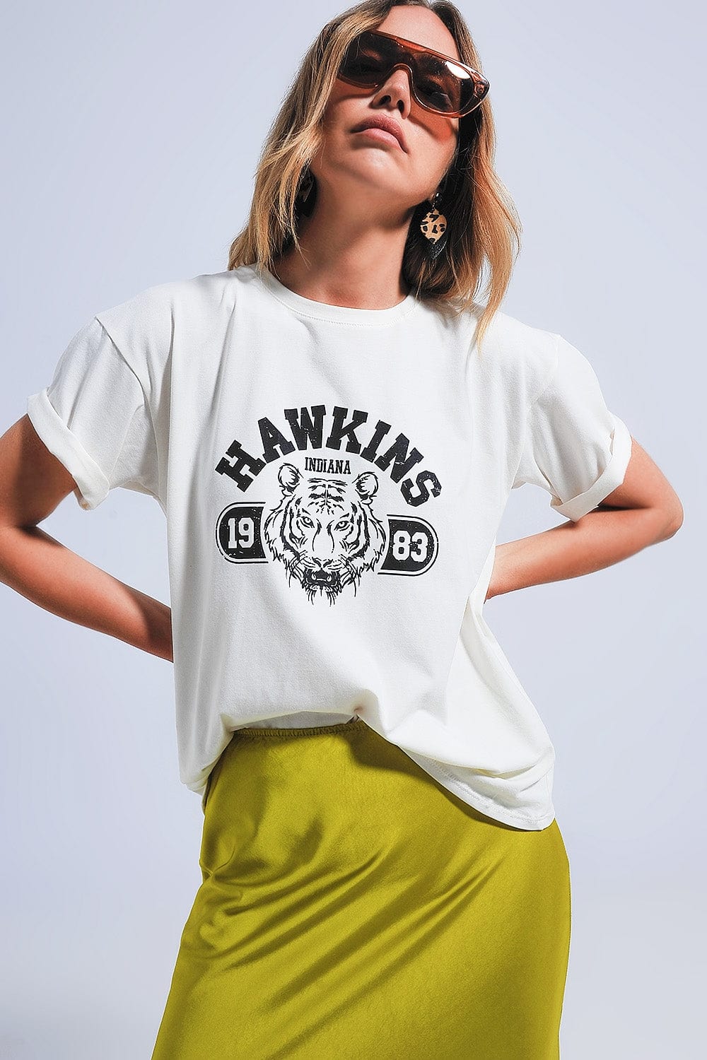 Q2 Women's Blouse One Size / White / China Indiana Hawkins Tiger Short Sleeve T-Shirt