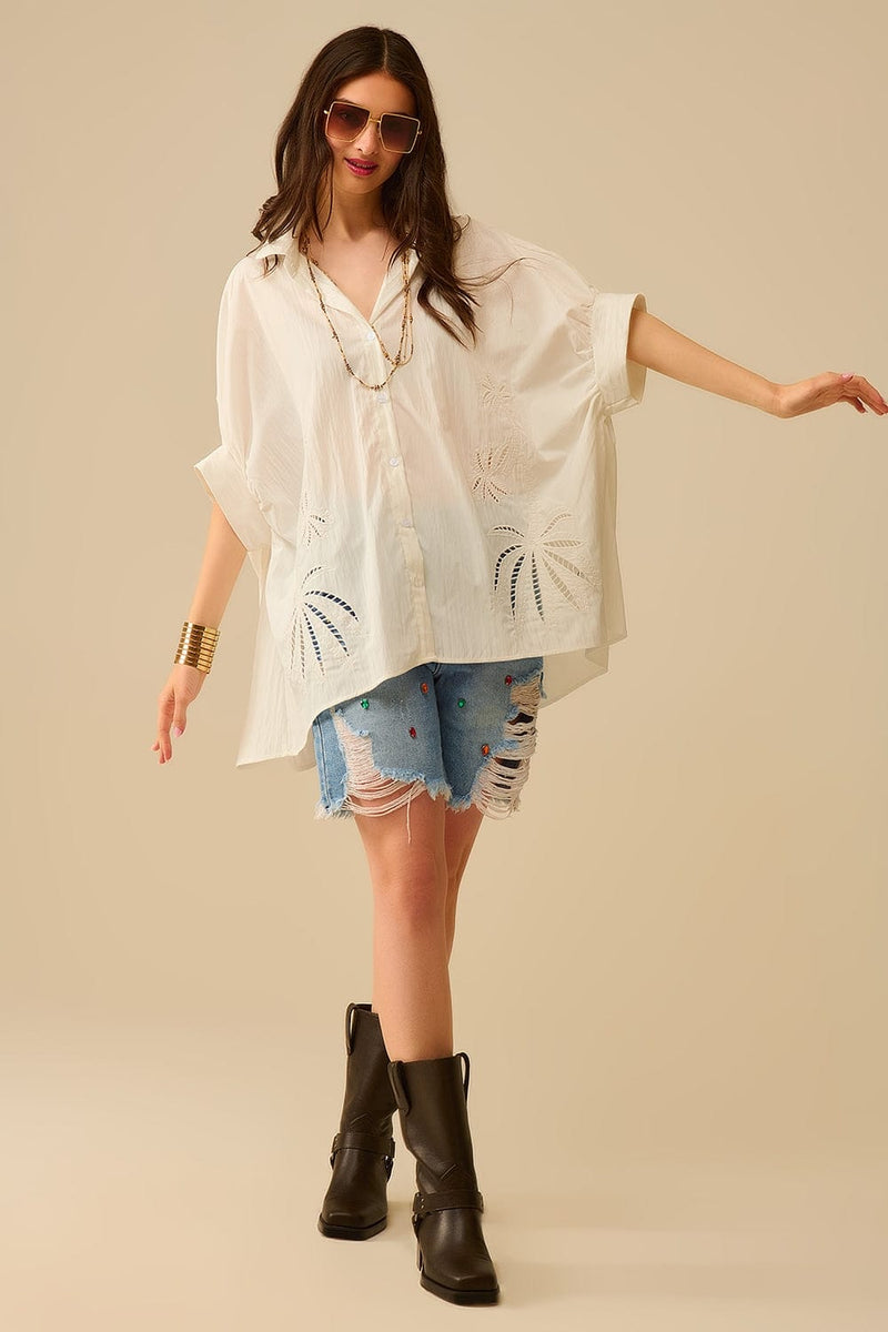 Q2 Women's Blouse One Size / White Oversized Embroidered Blouse With Palm Leaf Design