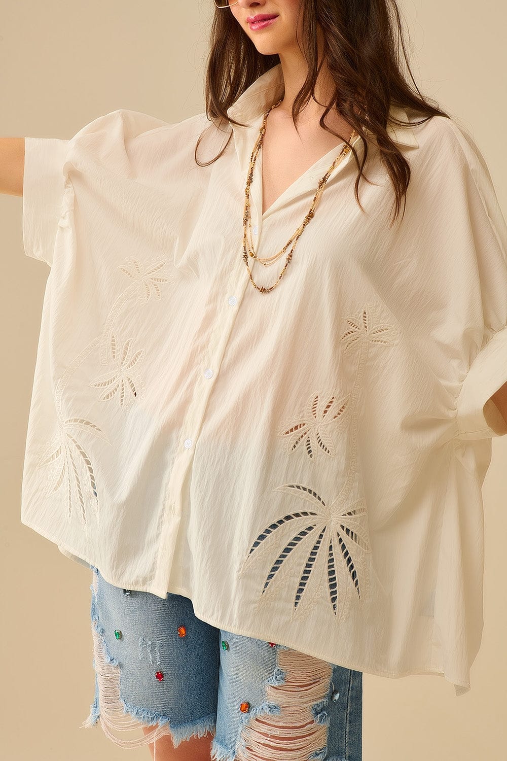 Q2 Women's Blouse One Size / White Oversized Embroidered Blouse With Palm Leaf Design