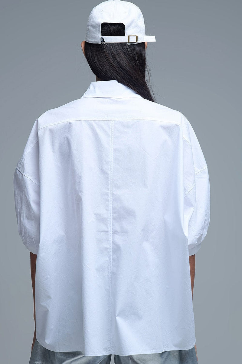 Q2 Women's Blouse One Size / White Relaxed 3/4 Sleeve Poplin Shirt With Button Detail In White