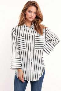Q2 Women's Blouse One Size / White White Shirt With Black Stripes And Chest Pockets
