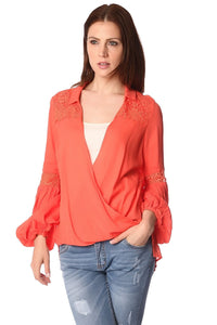 Q2 Women's Blouse Orange blouse with wrap front and draped detail