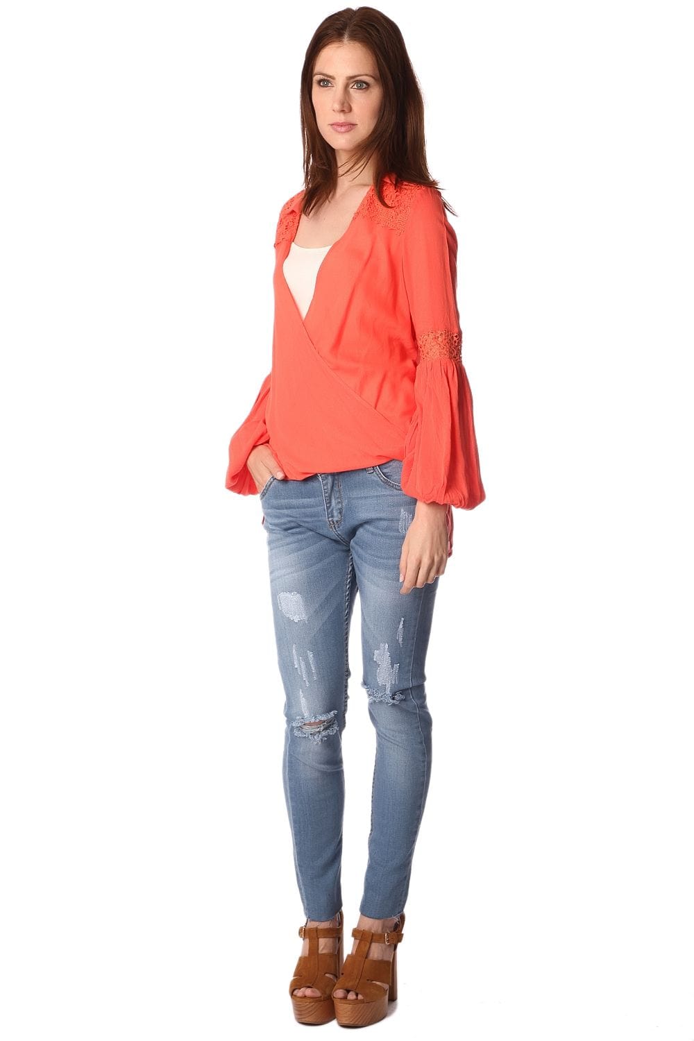Q2 Women's Blouse Orange blouse with wrap front and draped detail