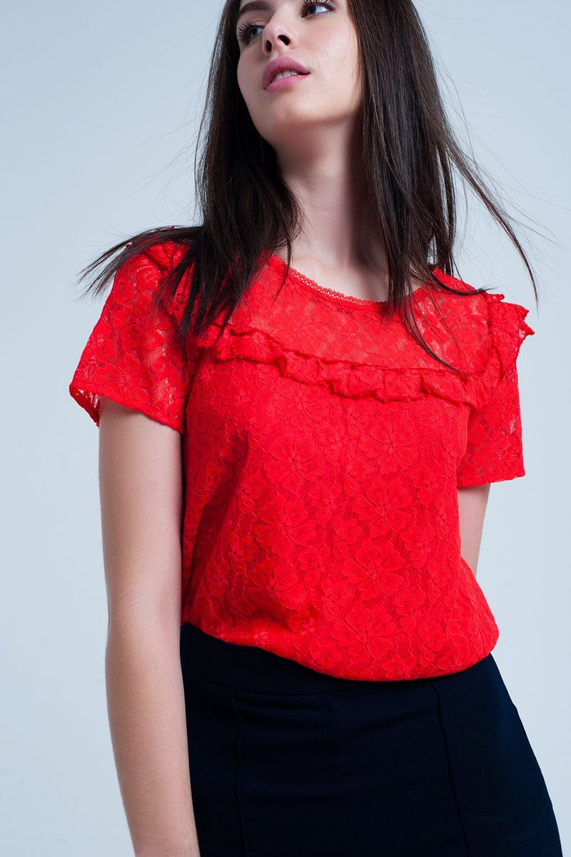 Q2 Women's Blouse Orange flower lace top