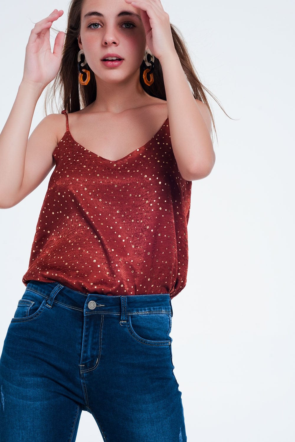 Q2 Women's Blouse Orange Polka Dot Strappy Cami Top