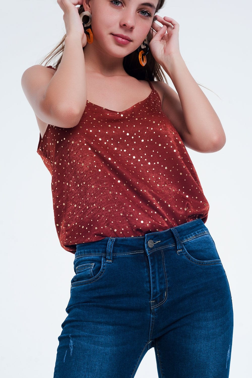 Q2 Women's Blouse Orange Polka Dot Strappy Cami Top