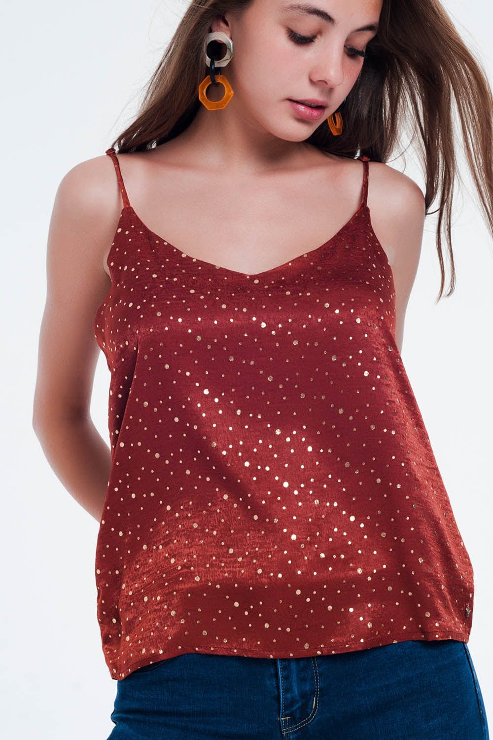 Q2 Women's Blouse Orange Polka Dot Strappy Cami Top