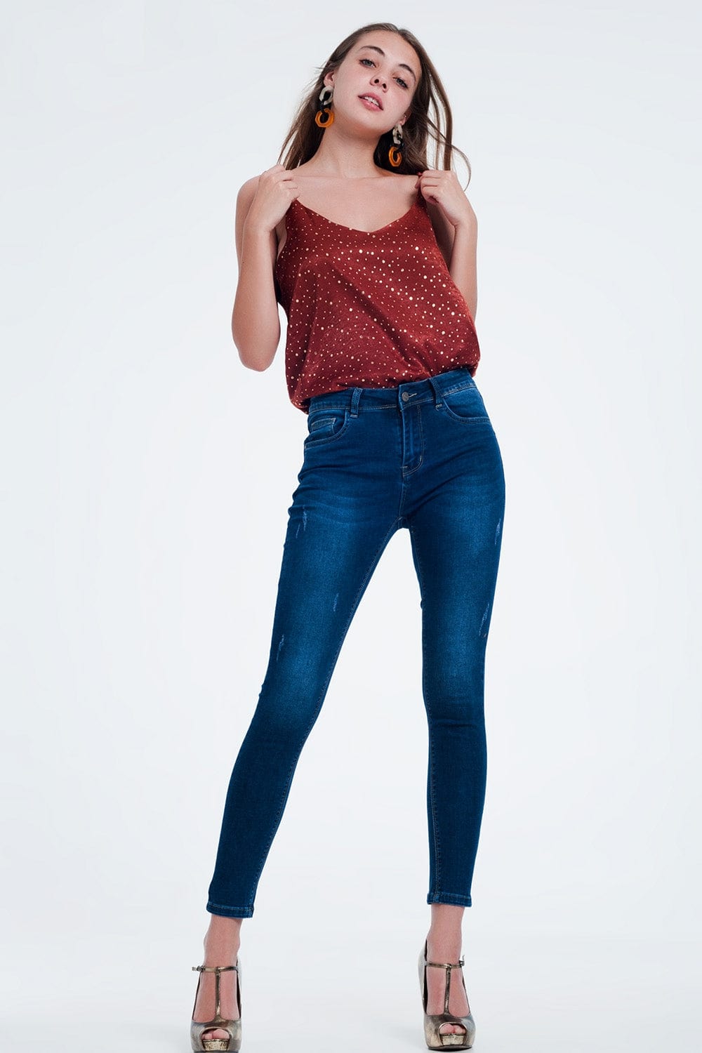 Q2 Women's Blouse Orange Polka Dot Strappy Cami Top