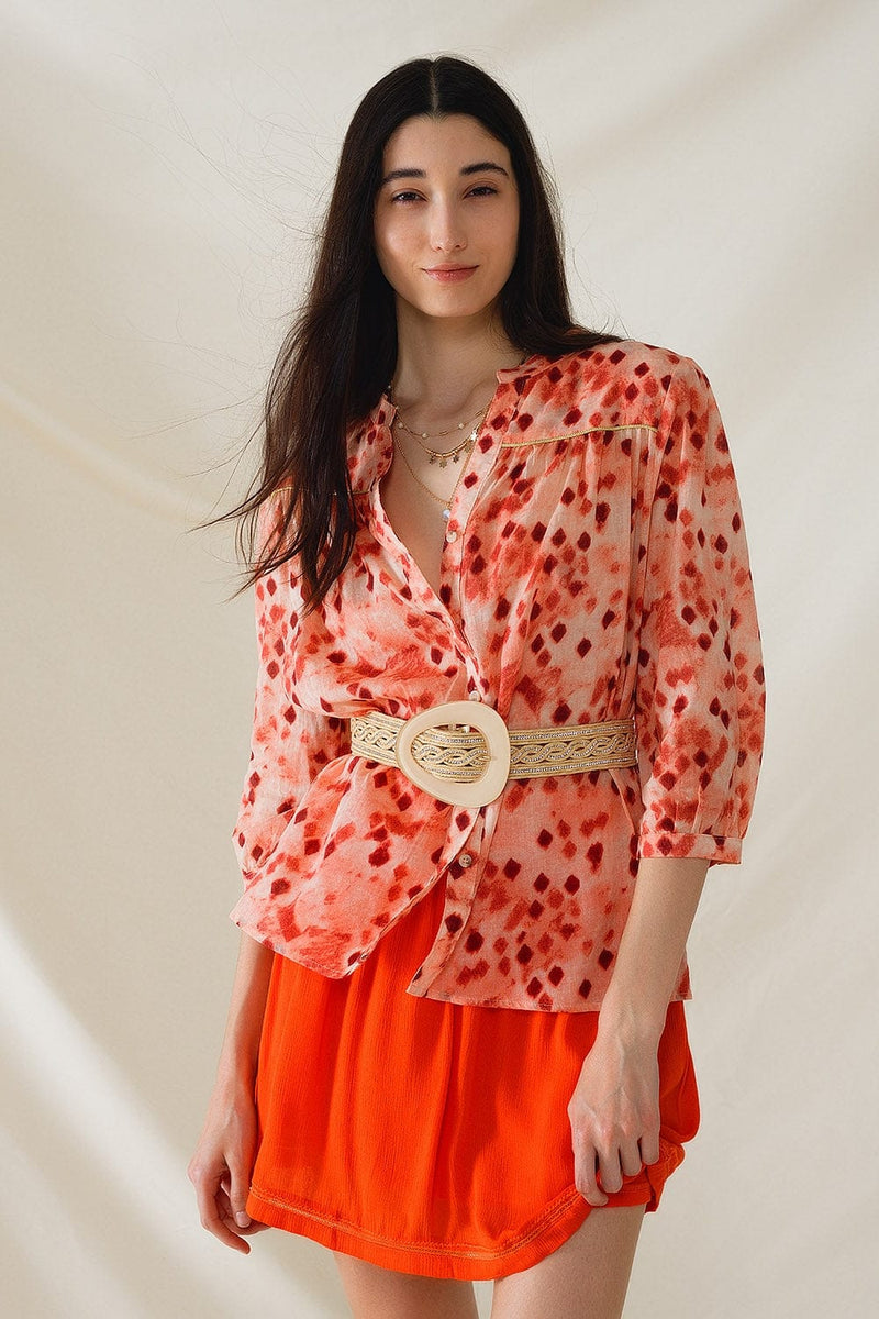 Q2 Women's Blouse Orange Shirt With Abstract Print And 3/4 Length Sleeves