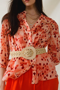 Q2 Women's Blouse Orange Shirt With Abstract Print And 3/4 Length Sleeves