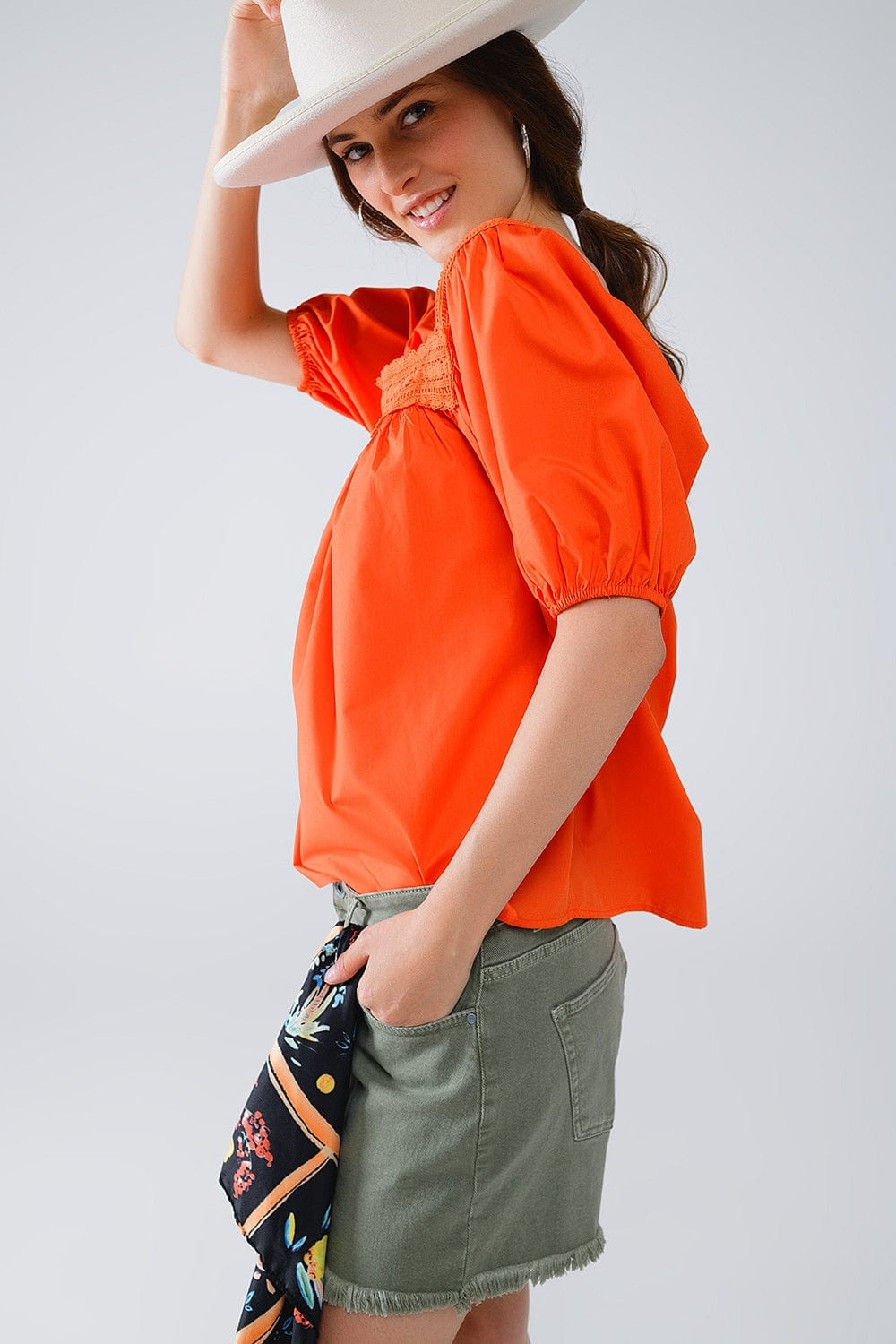 Q2 Women's Blouse Orange Top With Square Neckline And Short Sleeves