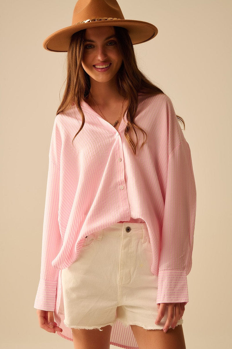 Q2 Women's Blouse Oversized Baby Pink Shirt With Bow In The Back