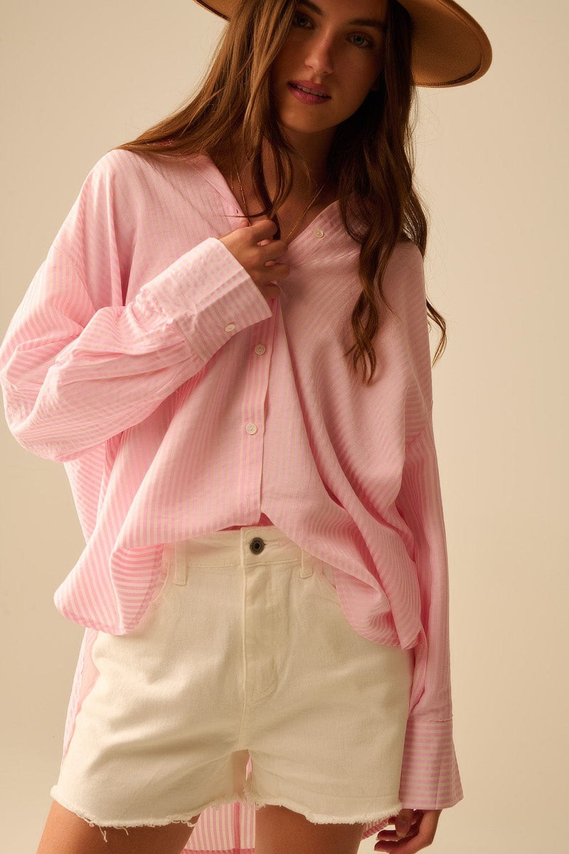 Q2 Women's Blouse Oversized Baby Pink Shirt With Bow In The Back