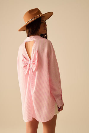 Q2 Women's Blouse Oversized Baby Pink Shirt With Bow In The Back