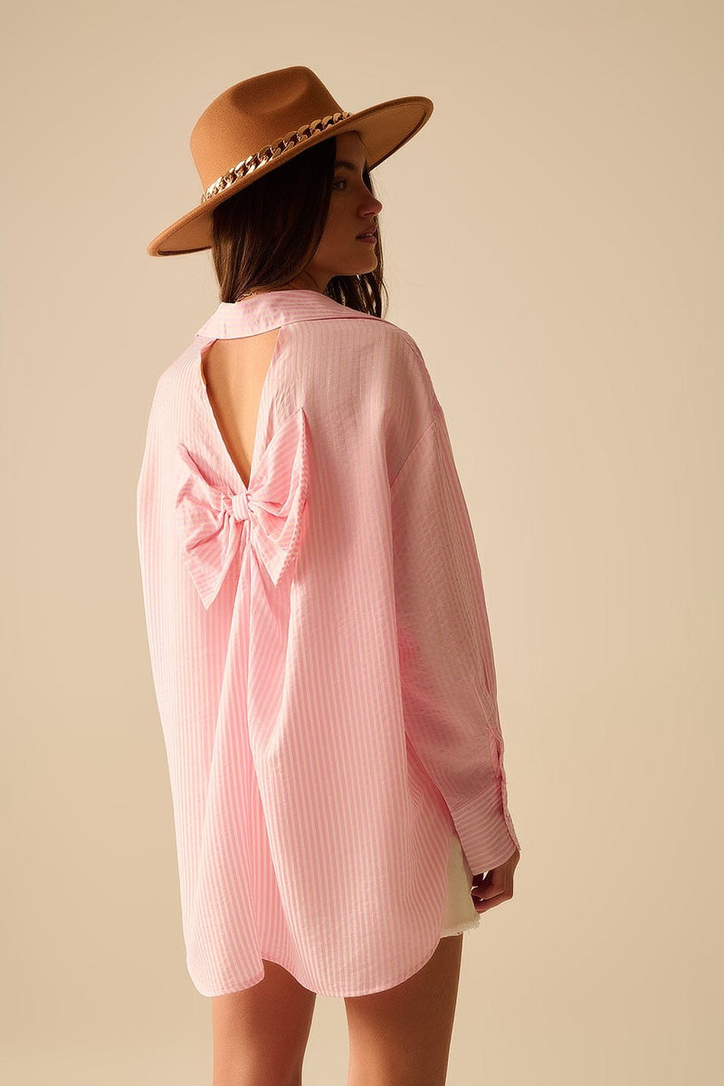 Q2 Women's Blouse Oversized Baby Pink Shirt With Bow In The Back