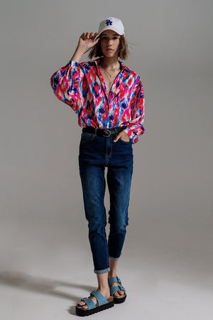 Q2 Women's Blouse Oversized Button Down Shirt In Abstract Pink And Blue Print