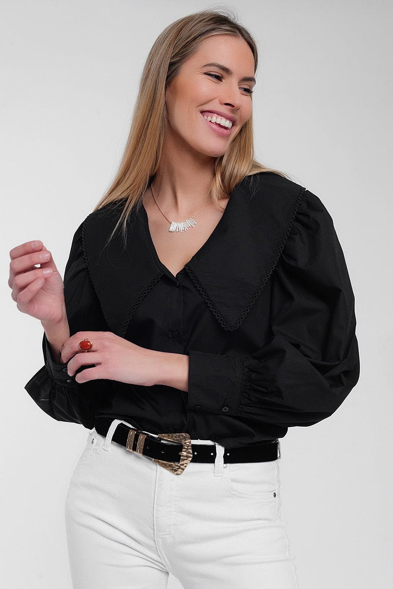 Q2 Women's Blouse Oversized Collared Shirt in Black