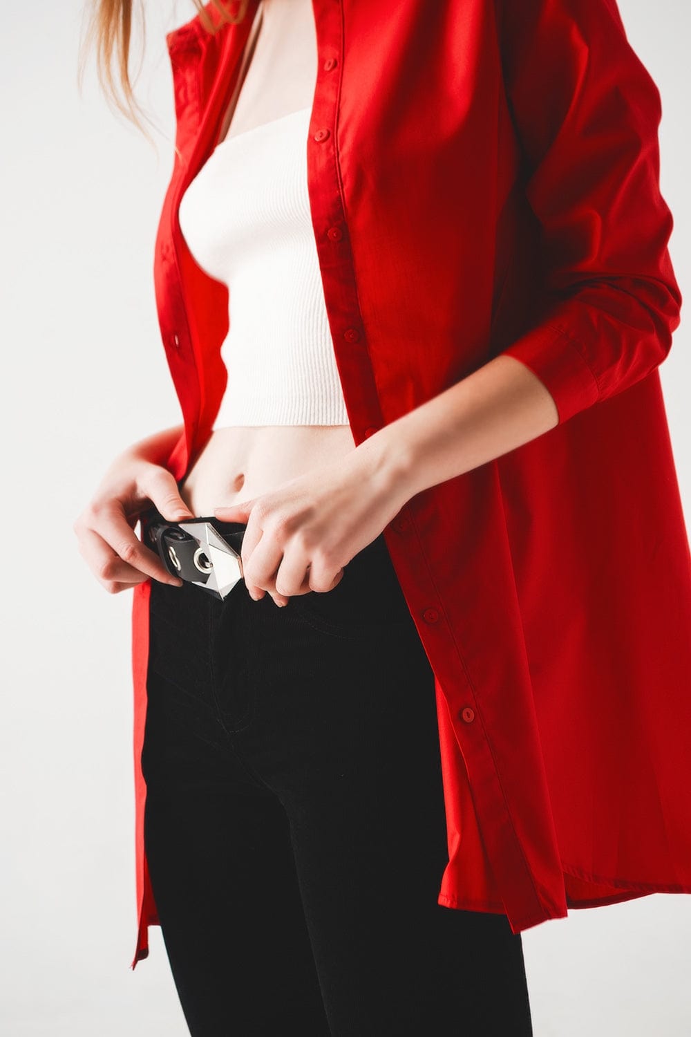 Q2 Women's Blouse Oversized Shirt in Bold Red