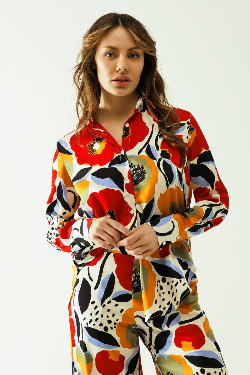 Q2 Women's Blouse Oversized Shirt With Poppies Designs And Button Closure