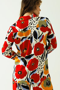 Q2 Women's Blouse Oversized Shirt With Poppies Designs And Button Closure