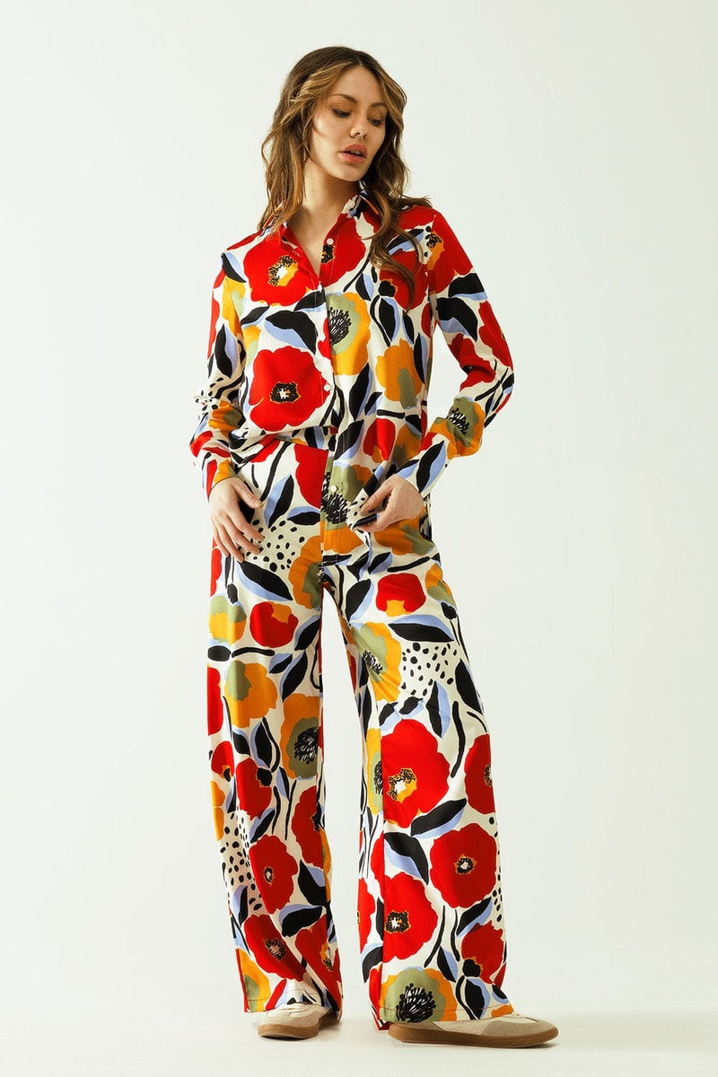 Q2 Women's Blouse Oversized Shirt With Poppies Designs And Button Closure