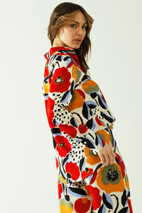 Q2 Women's Blouse Oversized Shirt With Poppies Designs And Button Closure