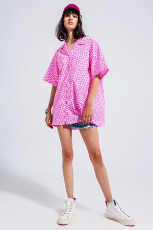 Q2 Women's Blouse Oversized Short Sleeve Shirt in Bright Pink