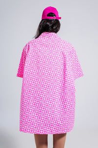 Q2 Women's Blouse Oversized Short Sleeve Shirt in Bright Pink