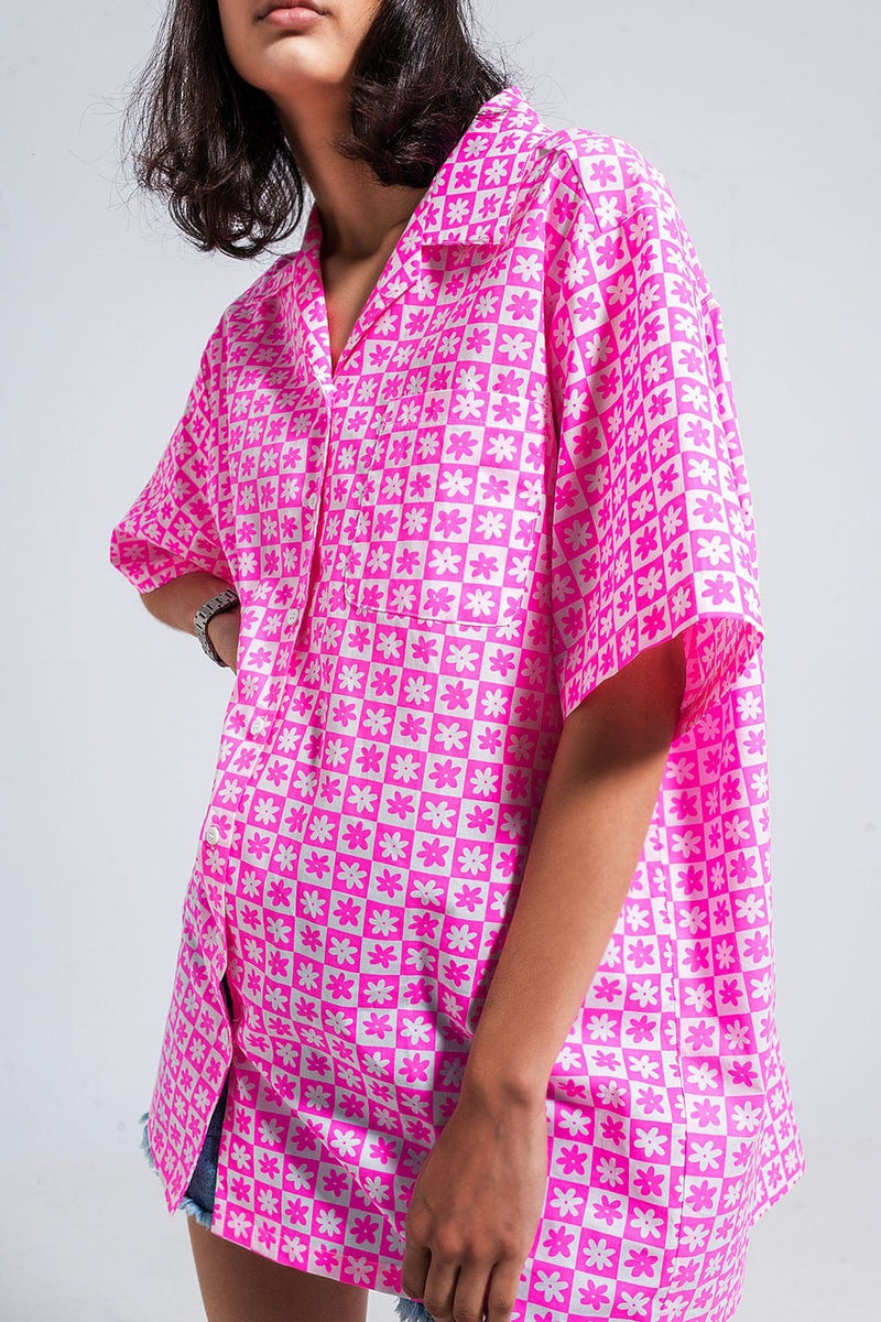 Q2 Women's Blouse Oversized Short Sleeve Shirt in Bright Pink