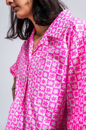 Q2 Women's Blouse Oversized Short Sleeve Shirt in Bright Pink