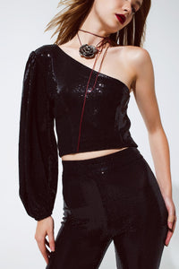 Q2 Women's Blouse Party Cropped One Shoulder Top With Glitter Detail In Black