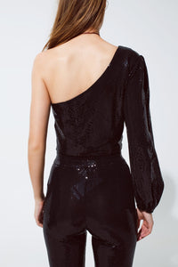 Q2 Women's Blouse Party Cropped One Shoulder Top With Glitter Detail In Black