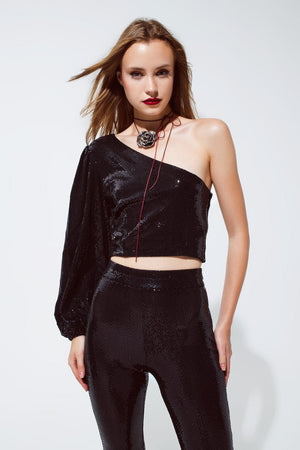 Q2 Women's Blouse Party Cropped One Shoulder Top With Glitter Detail In Black