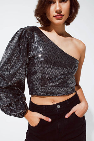 Q2 Women's Blouse Party Cropped One Shoulder Top With Glitter Detail In Silver