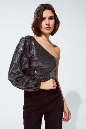 Q2 Women's Blouse Party Cropped One Shoulder Top With Glitter Detail In Silver