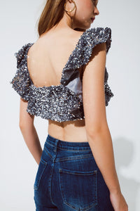 Q2 Women's Blouse Party Cropped Sequin Glitter Top In Silver