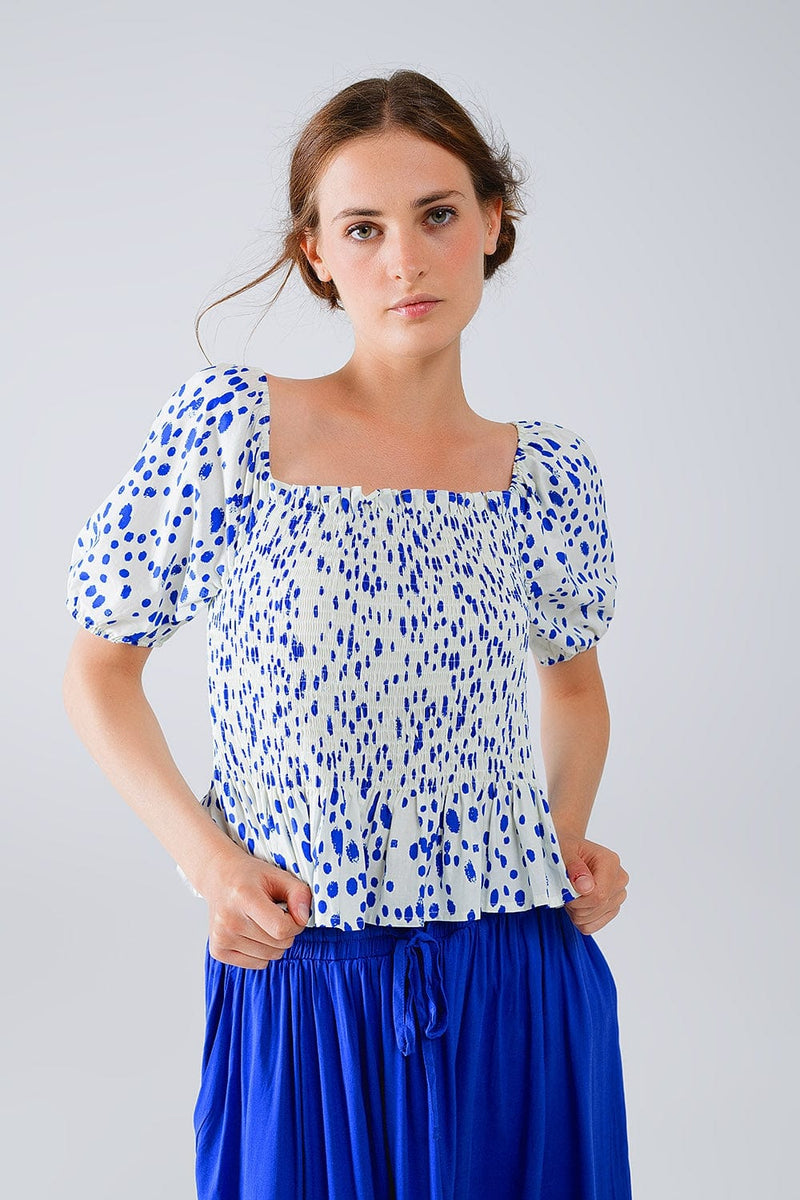 Q2 Women's Blouse Peplum Shirred White Blouse With Blue Polka Dots