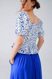 Q2 Women's Blouse Peplum Shirred White Blouse With Blue Polka Dots