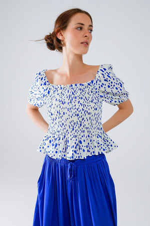 Q2 Women's Blouse Peplum Shirred White Blouse With Blue Polka Dots