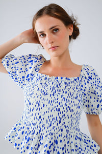 Q2 Women's Blouse Peplum Shirred White Blouse With Blue Polka Dots