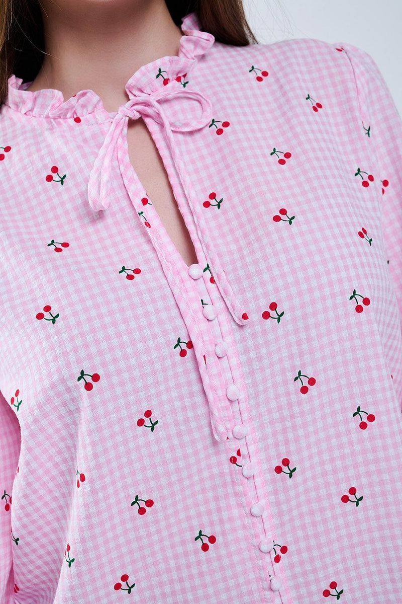 Q2 Women's Blouse Pink Blouse With Cherry Details And Tied Bow