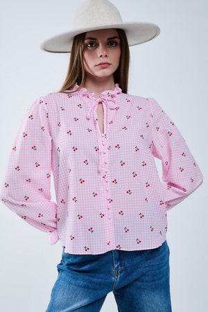 Q2 Women's Blouse Pink Blouse With Cherry Details And Tied Bow