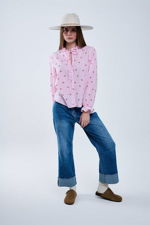 Q2 Women's Blouse Pink Blouse With Cherry Details And Tied Bow