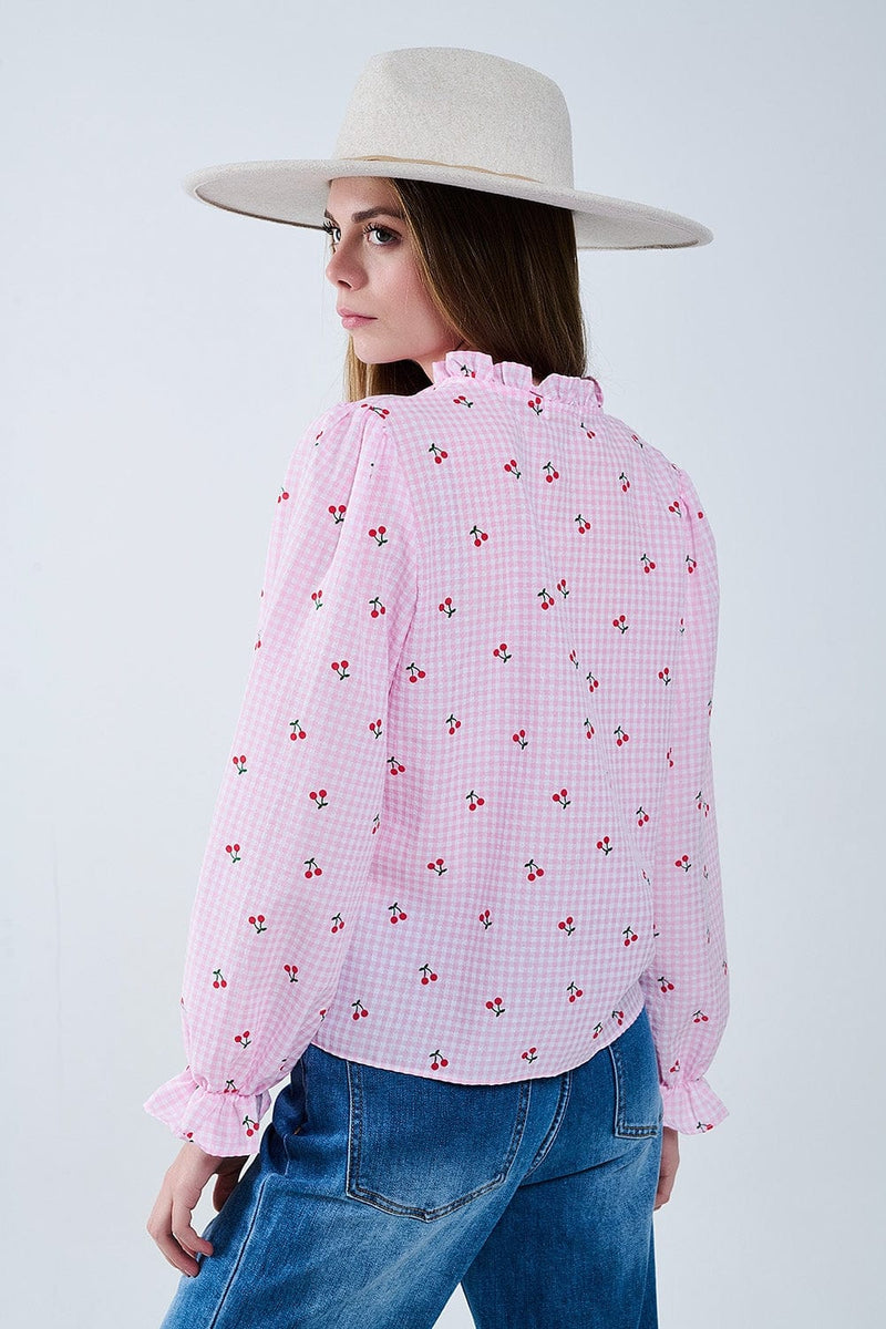 Q2 Women's Blouse Pink Blouse With Cherry Details And Tied Bow