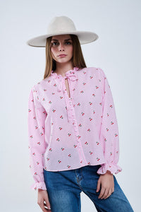 Q2 Women's Blouse Pink Blouse With Cherry Details And Tied Bow