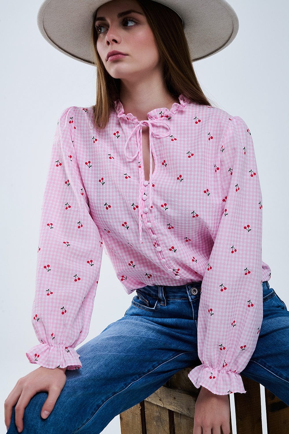 Q2 Women's Blouse Pink Blouse With Cherry Details And Tied Bow