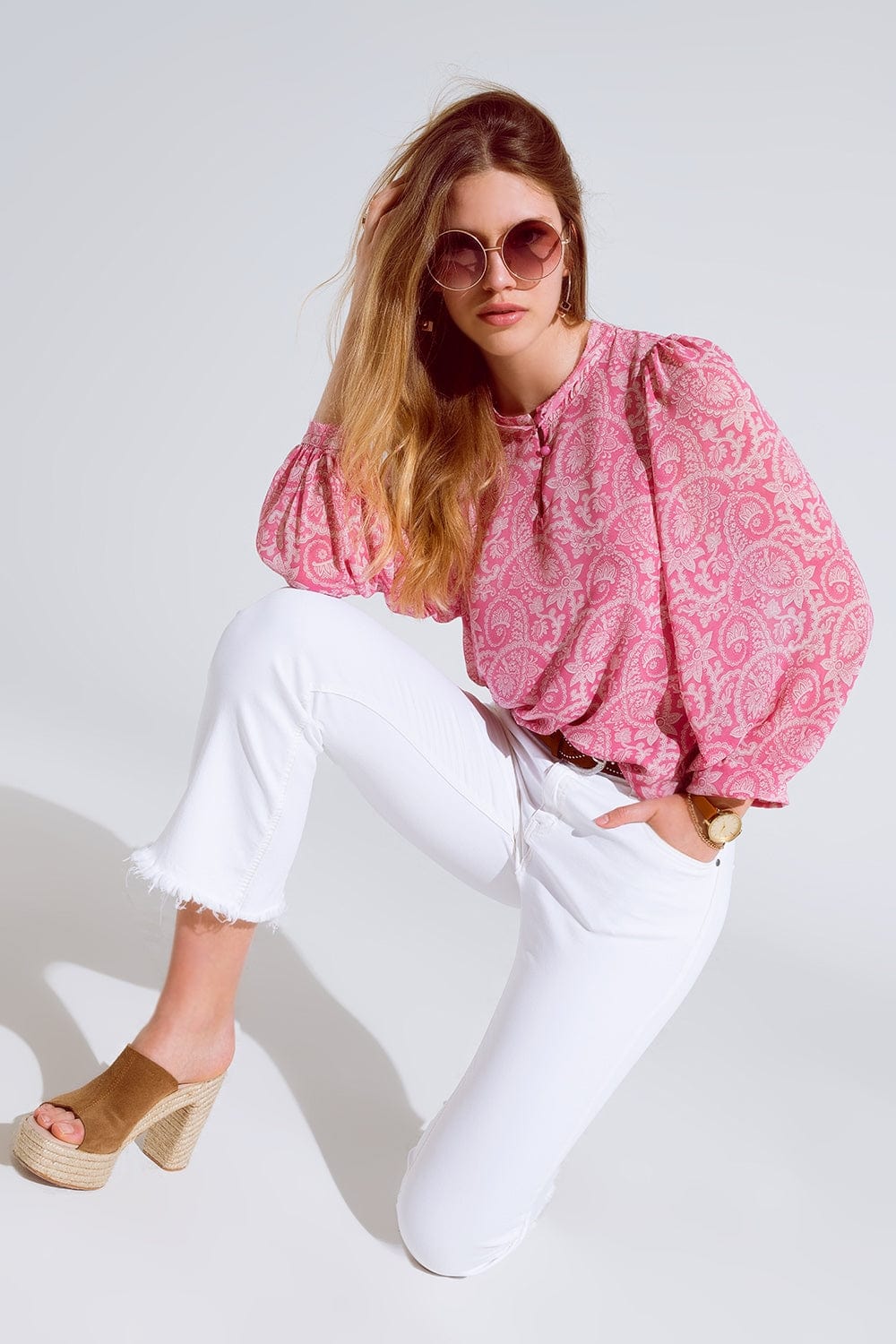 Q2 Women's Blouse Pink Chiffon Blouse With Floral Print And Long Balloon Sleeves